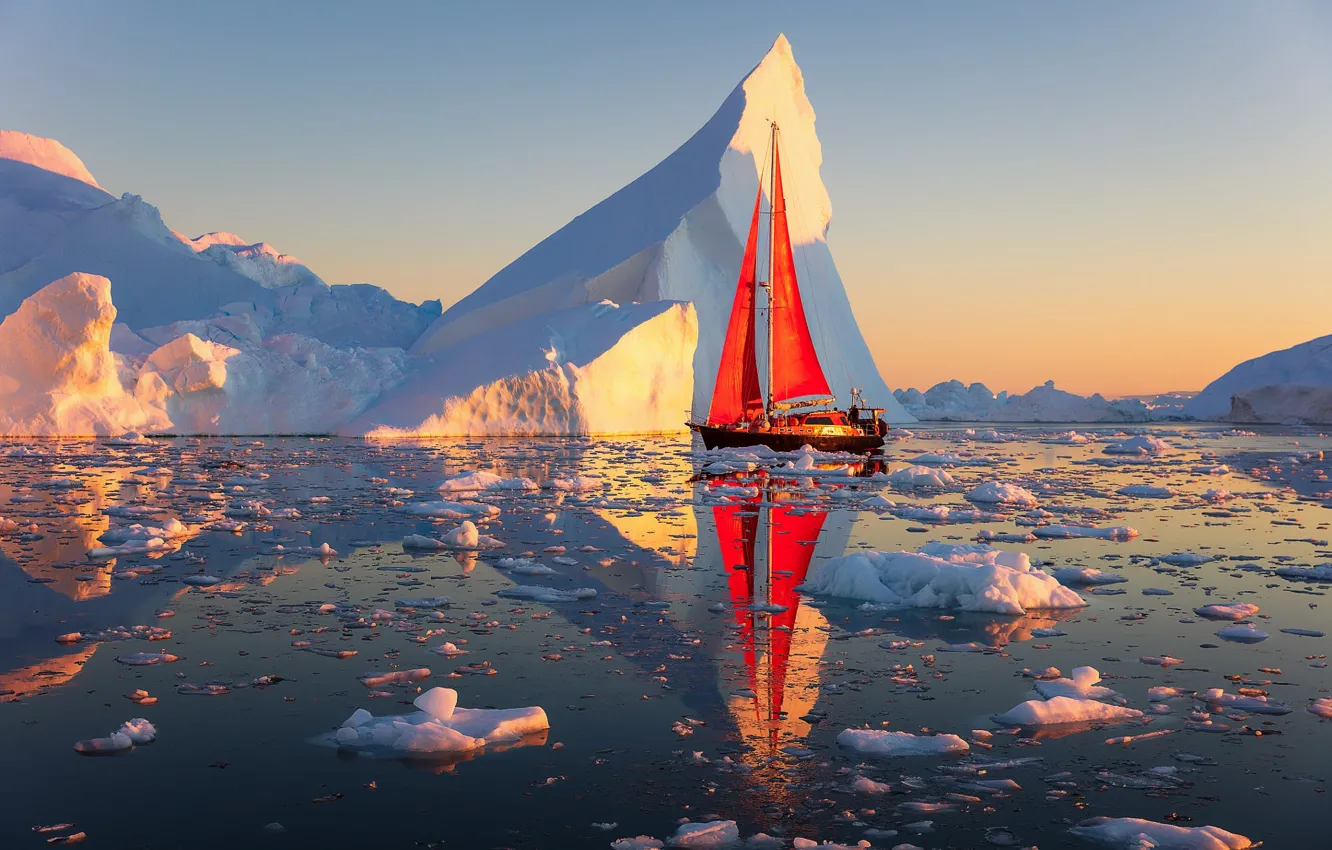 Photo wallpaper landscape, nature, reflection, the ocean, boat, sailboat, morning, ice