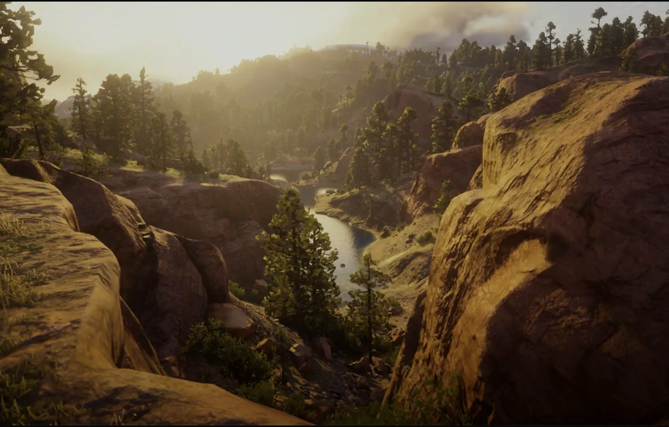 Photo wallpaper Nature, Landscape, Waterfall, Game, Rocks, Red Dead Redemption 2, RDR 2, Sun Goes Down