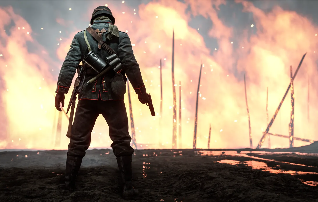 Photo wallpaper fire, war, the game, soldiers, Electronic Arts, Battlefield 1