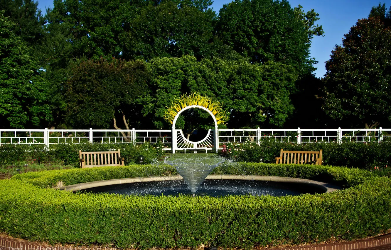 Photo wallpaper trees, design, Park, the fence, garden, fountain, USA, the bushes