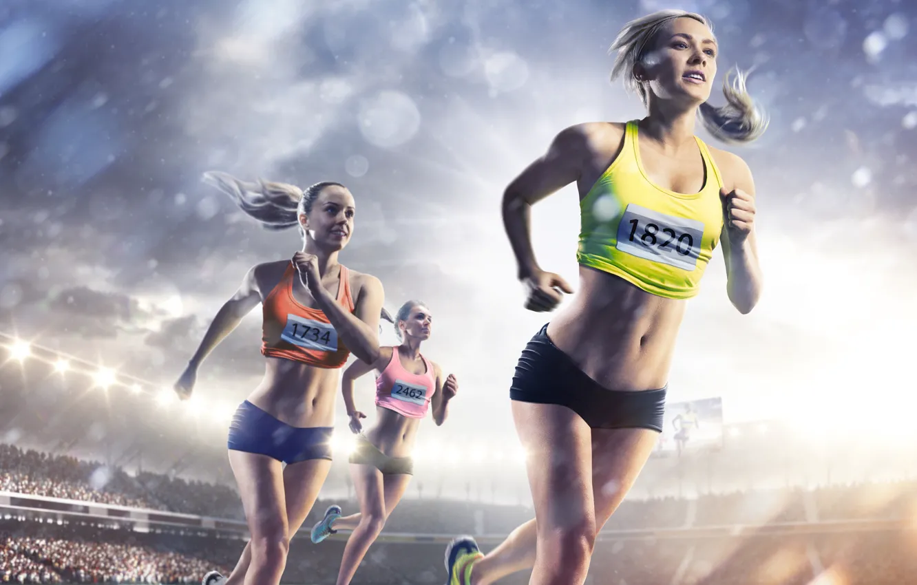 Photo wallpaper girl, running, athlete, spotlight, tribune, stadium, bokeh, athletics
