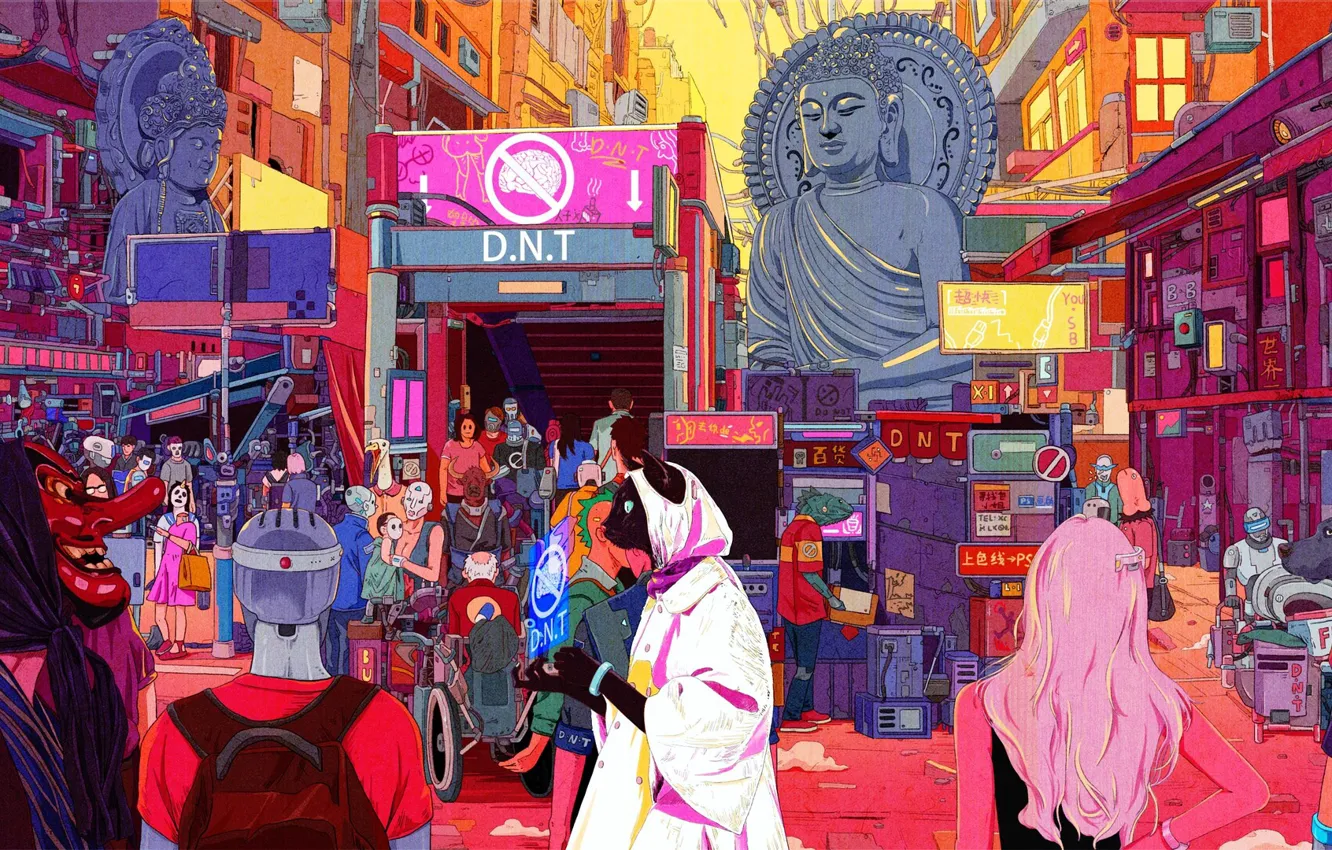 Photo wallpaper Dog, The city, Cat, Neon, Robots, People, Style, City