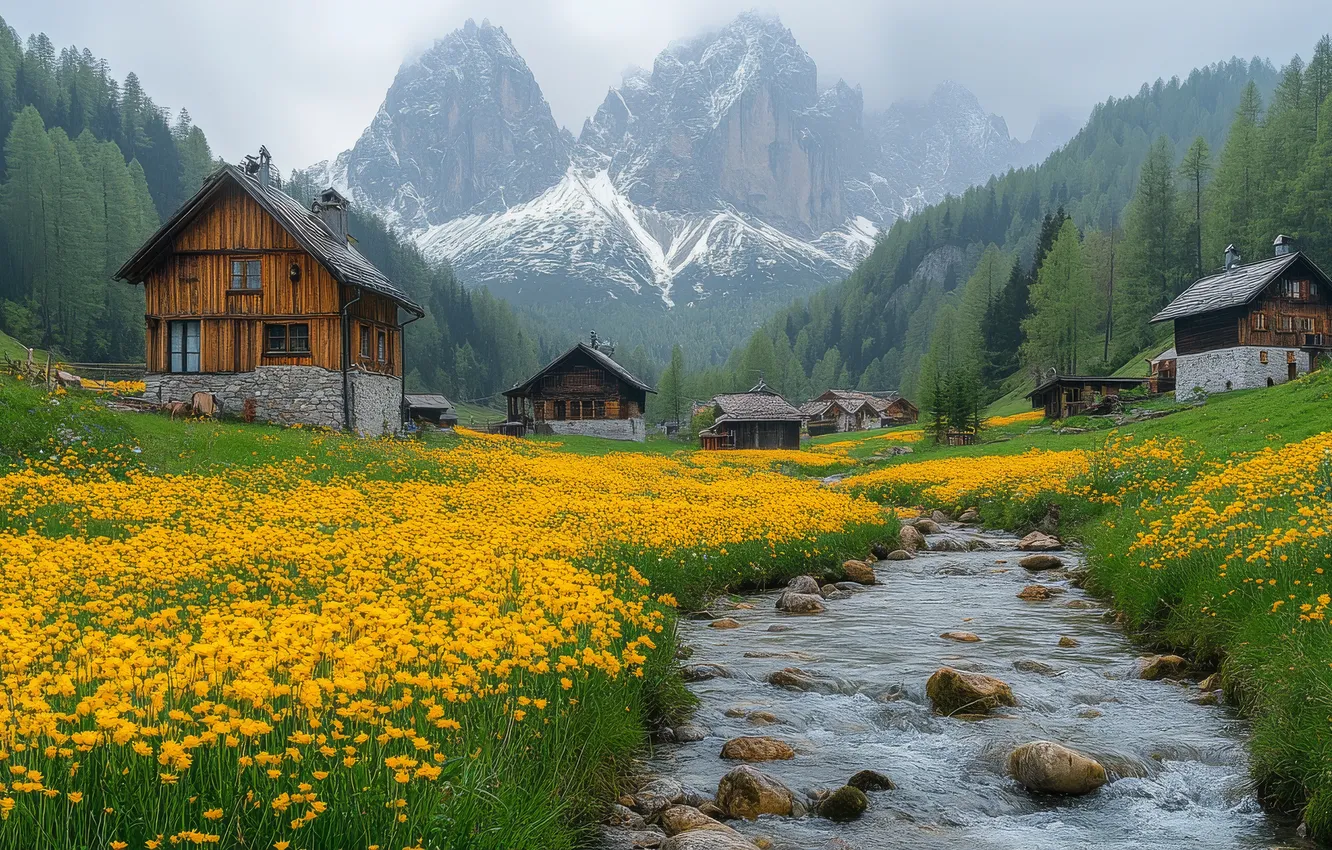 Photo wallpaper field, forest, summer, snow, landscape, flowers, mountains, yellow