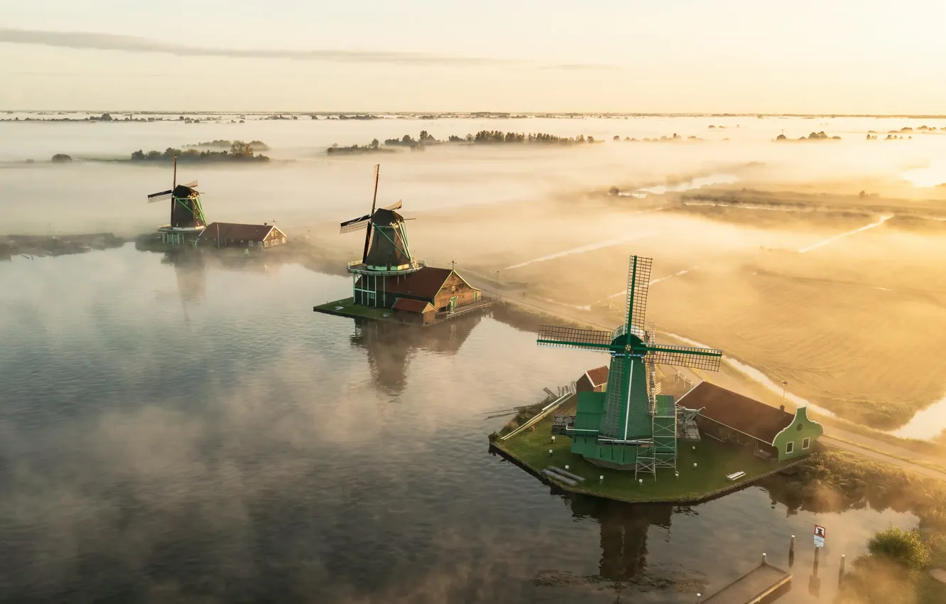 Photo wallpaper pond, windmills, the