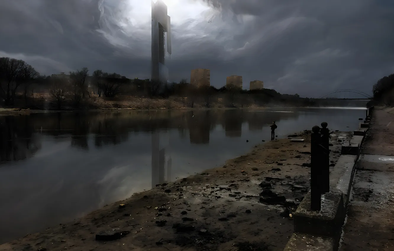 Photo wallpaper fisherman, Voskresensk, Moscow oblast, Moscow river, processed photo, The gloom of being