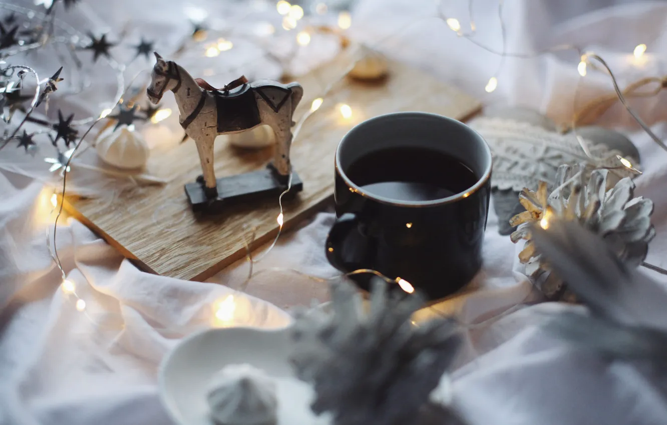 Photo wallpaper winter, table, horse, holiday, toy, coffee, Christmas, mug