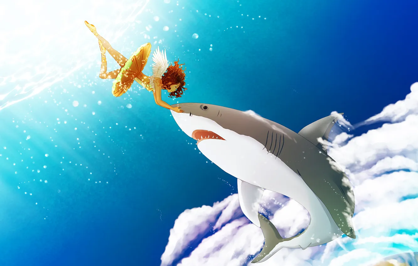 Photo wallpaper the sky, water, the sun, clouds, Girl, wings, shark