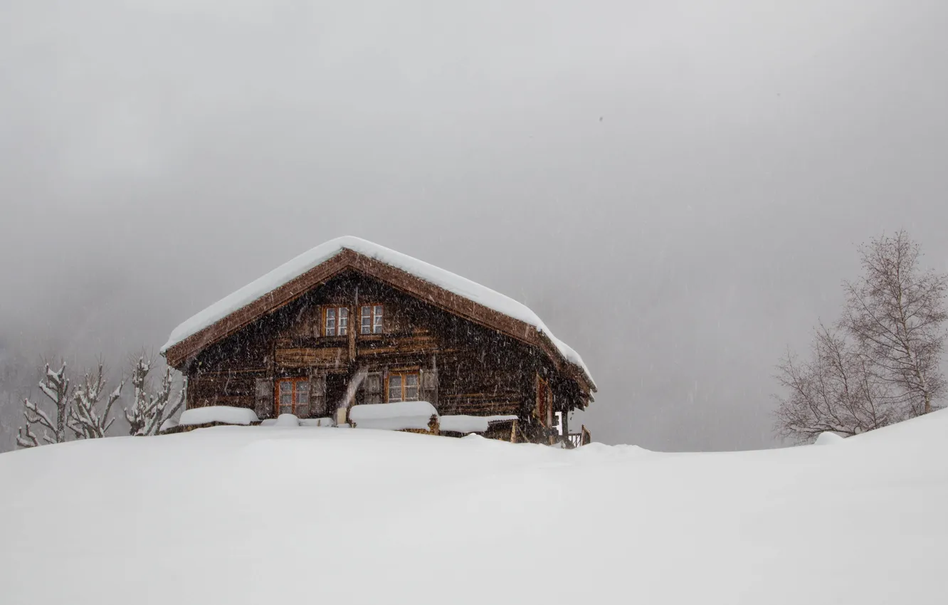 Photo wallpaper winter, the storm, snow, cabin, housing, the gray sky