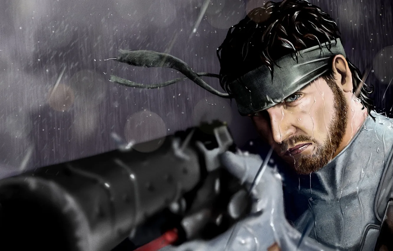 Photo wallpaper drops, weapons, rain, art, the barrel, trunk, headband, male