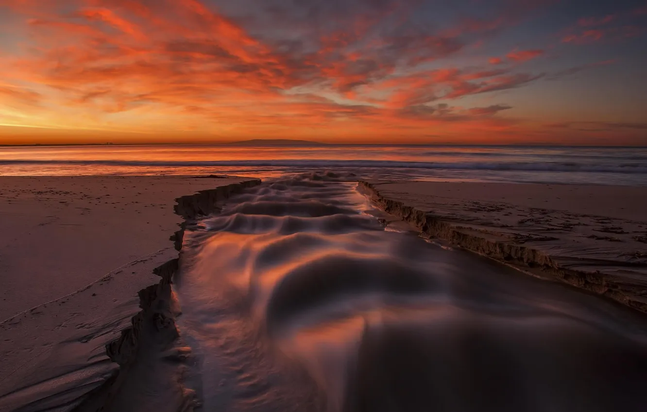 Photo wallpaper sand, beach, stream, the ocean, dawn, shore