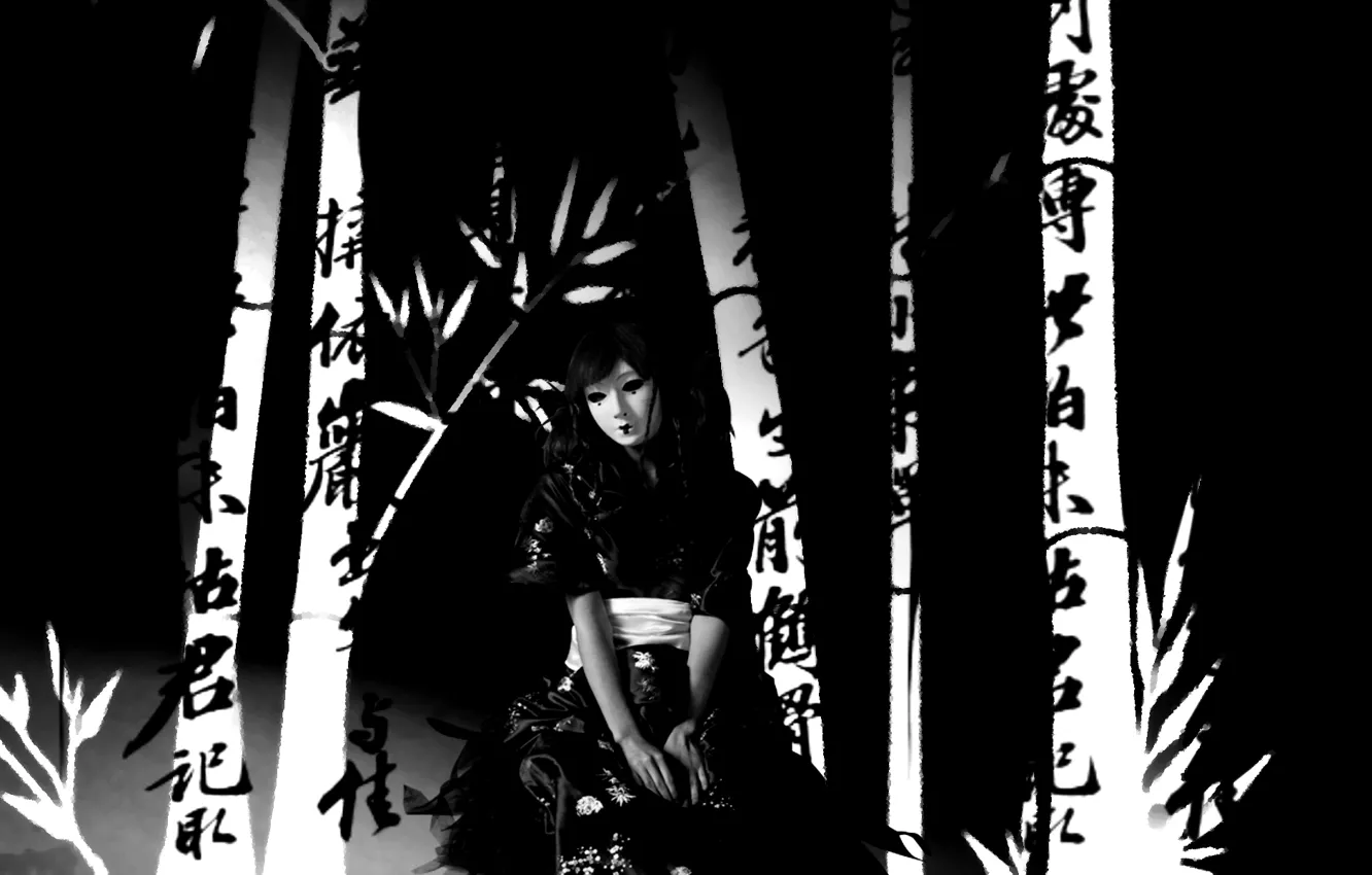 Photo wallpaper loneliness, Japanese, mask, characters, black and white, calligraphy, Japan, cosplay