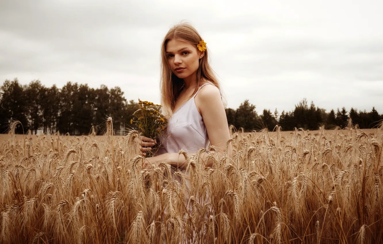 Photo wallpaper wheat, field, look, girl, trees, flowers, model, portrait