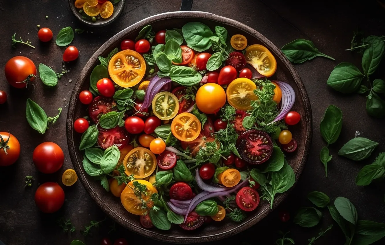 Photo wallpaper greens, table, food, bow, bowl, placer, vegetables, tomatoes