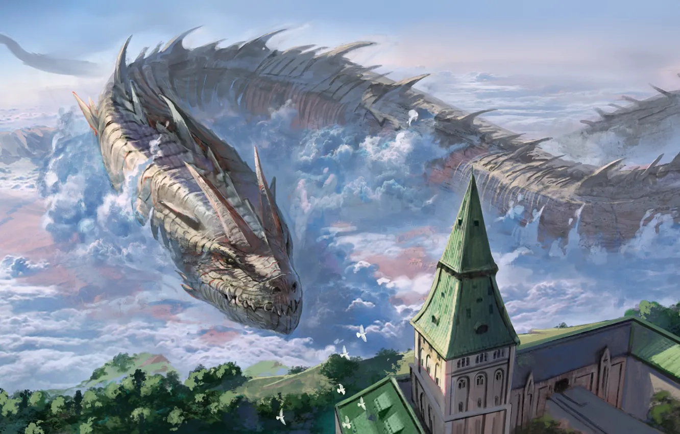 Photo wallpaper the city, dragon, anime