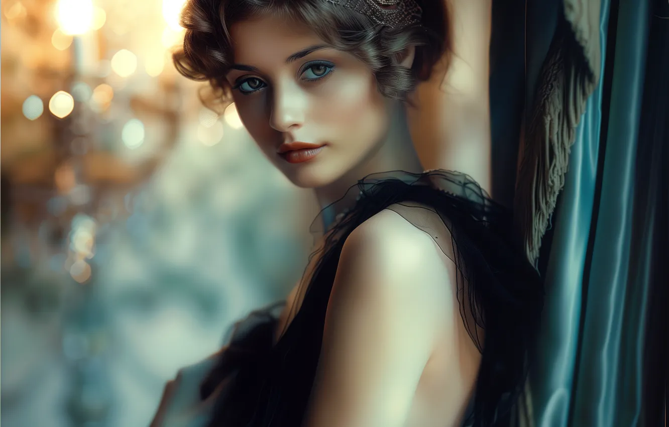 Photo wallpaper look, girl, style, retro, portrait, hairstyle, curtains, black dress