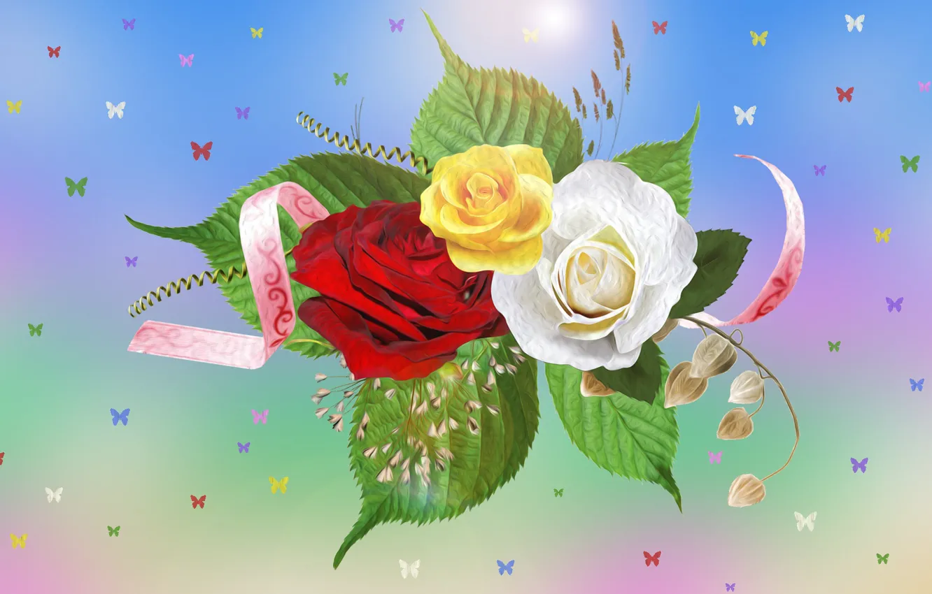 Photo wallpaper graphics, Flowers, roses, moths