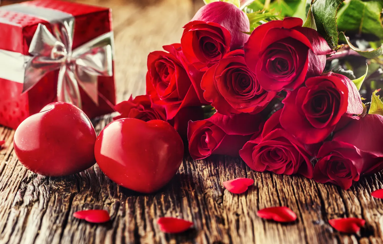 Photo wallpaper love, flowers, gift, romance, heart, roses, bouquet, love