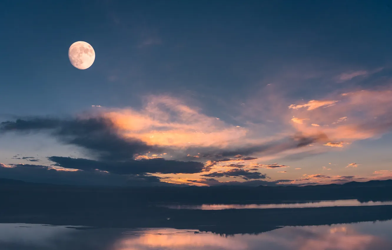 Photo wallpaper the sky, clouds, landscape, sunset, lake, the moon, the evening, horizon