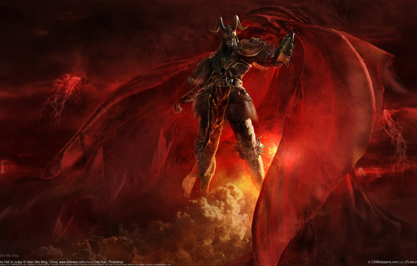 Photo wallpaper red, fiction, monster, the demon, warrior, horns, cloak