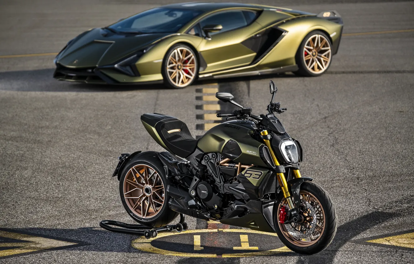 Photo wallpaper machine, asphalt, Lamborghini, motorcycle, sports car, Ducati, sportcar, moto