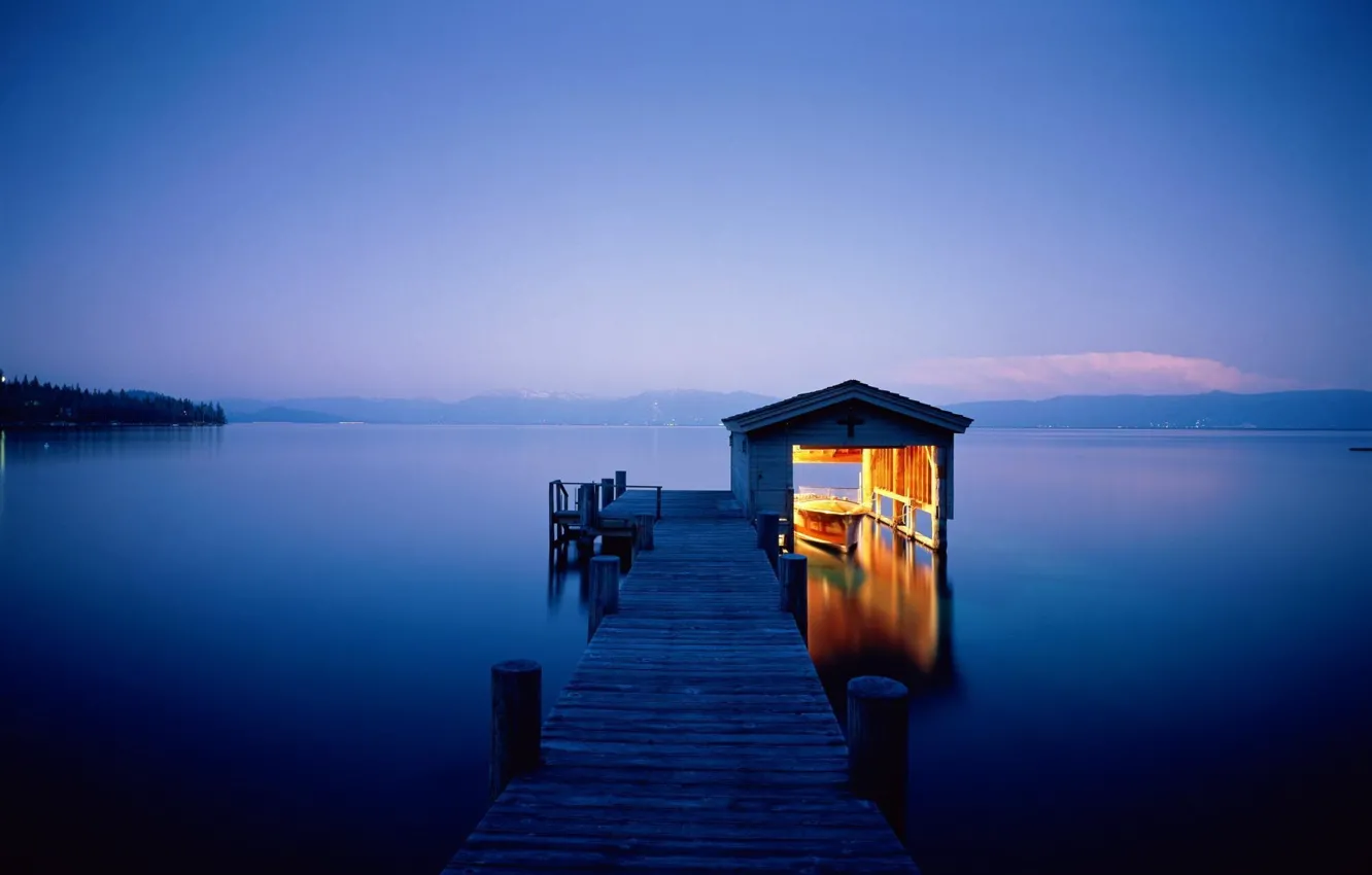 Photo wallpaper water, light, night, lights, lake, house, river, landscapes