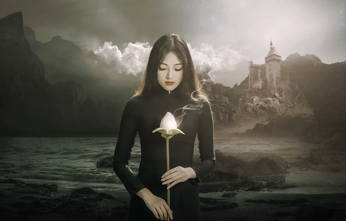 Photo wallpaper sea, white, the sky, girl, clouds, flowers, mountains, face