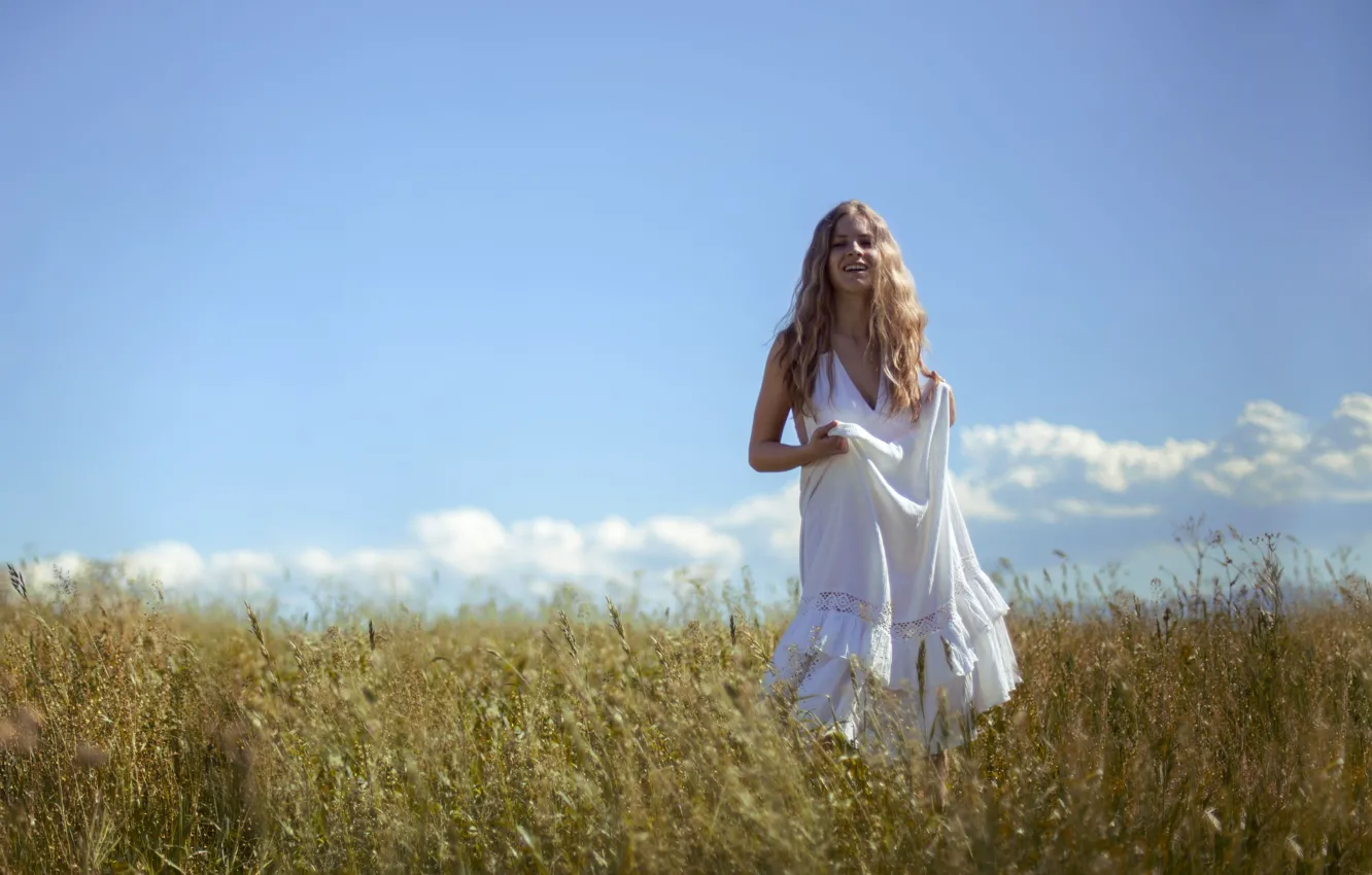 Photo wallpaper girl, summer, dress, field, happiness, white dress, sunny