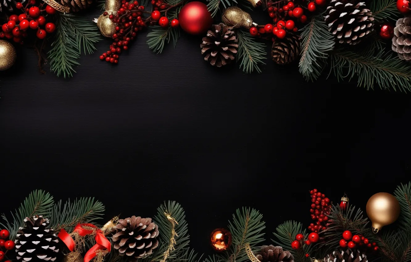 Photo wallpaper decoration, the dark background, balls, new year, Christmas, golden, black, Christmas