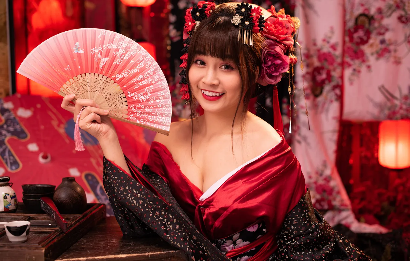 Photo wallpaper smile, fan, kimono, Asian