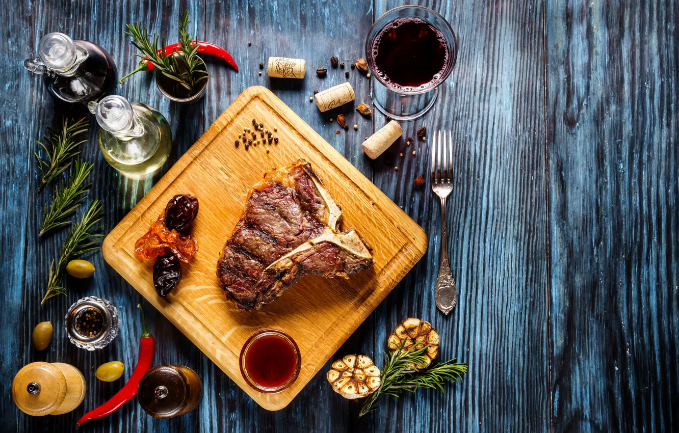 Photo wallpaper greens, wine, meat, sauce, wood, spices