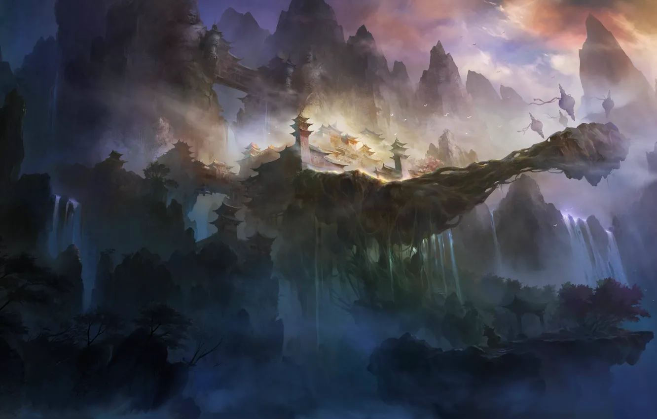 Photo wallpaper mountains, rocks, Asia, height, art, temple