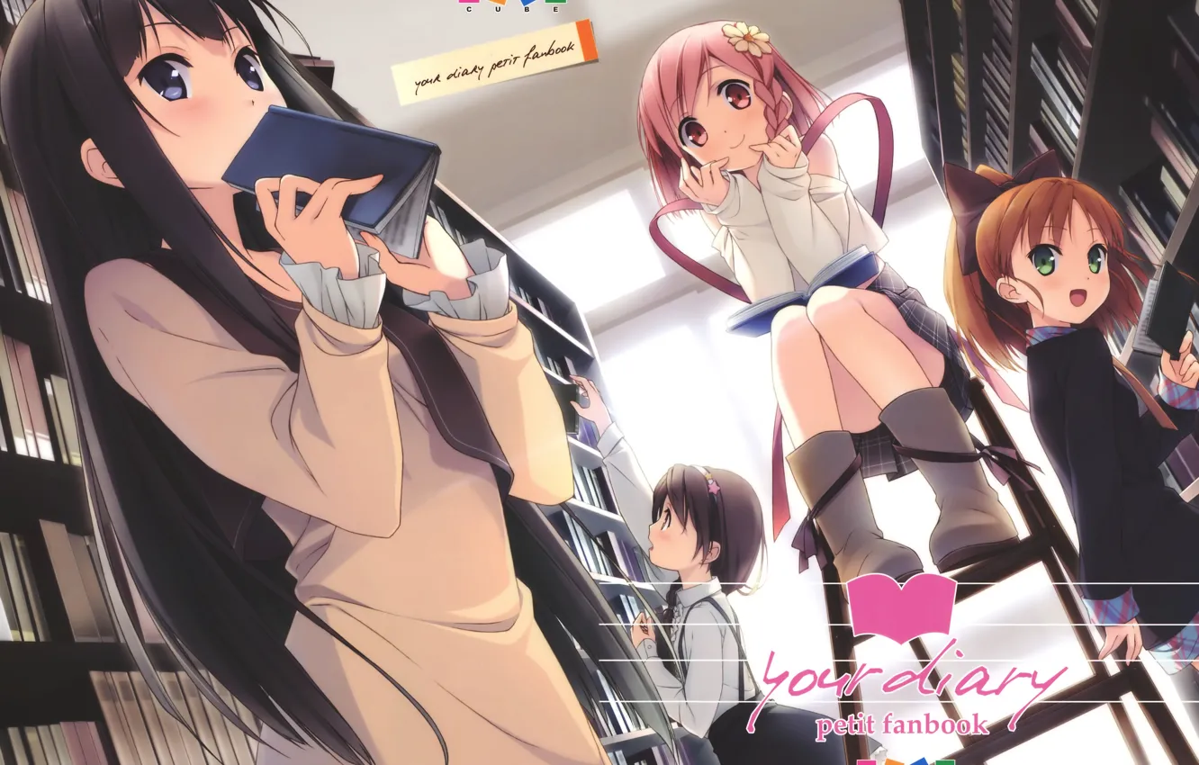 Photo wallpaper book, braids, library, art, friend, green eyes, Your Diary, visual novel