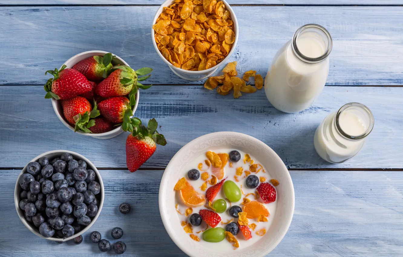 Photo wallpaper berries, milk, blueberries, strawberry, fresh, berries, breakfast, milk