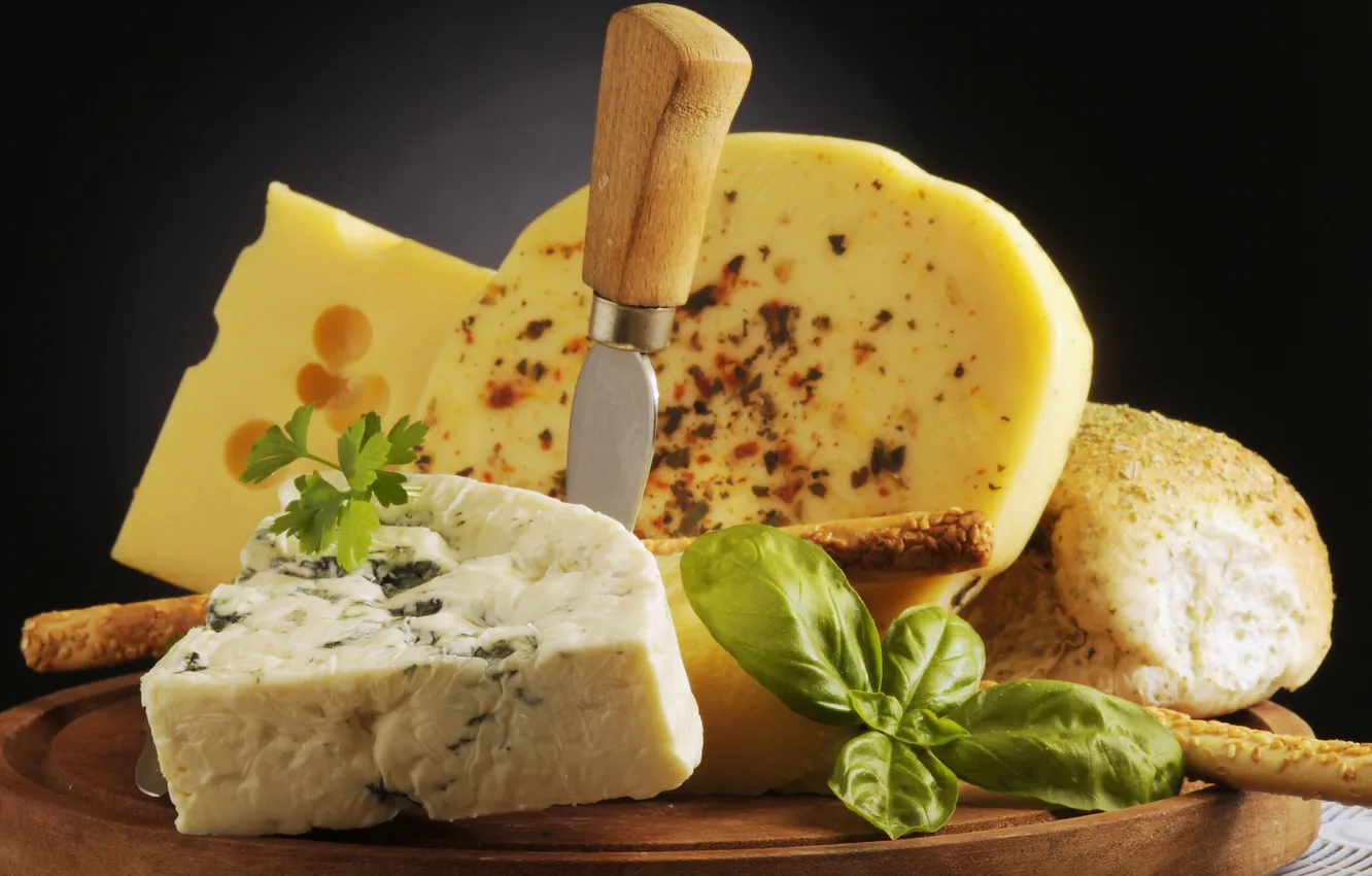 Photo wallpaper greens, cheese, bread, knife, Gorgonzola