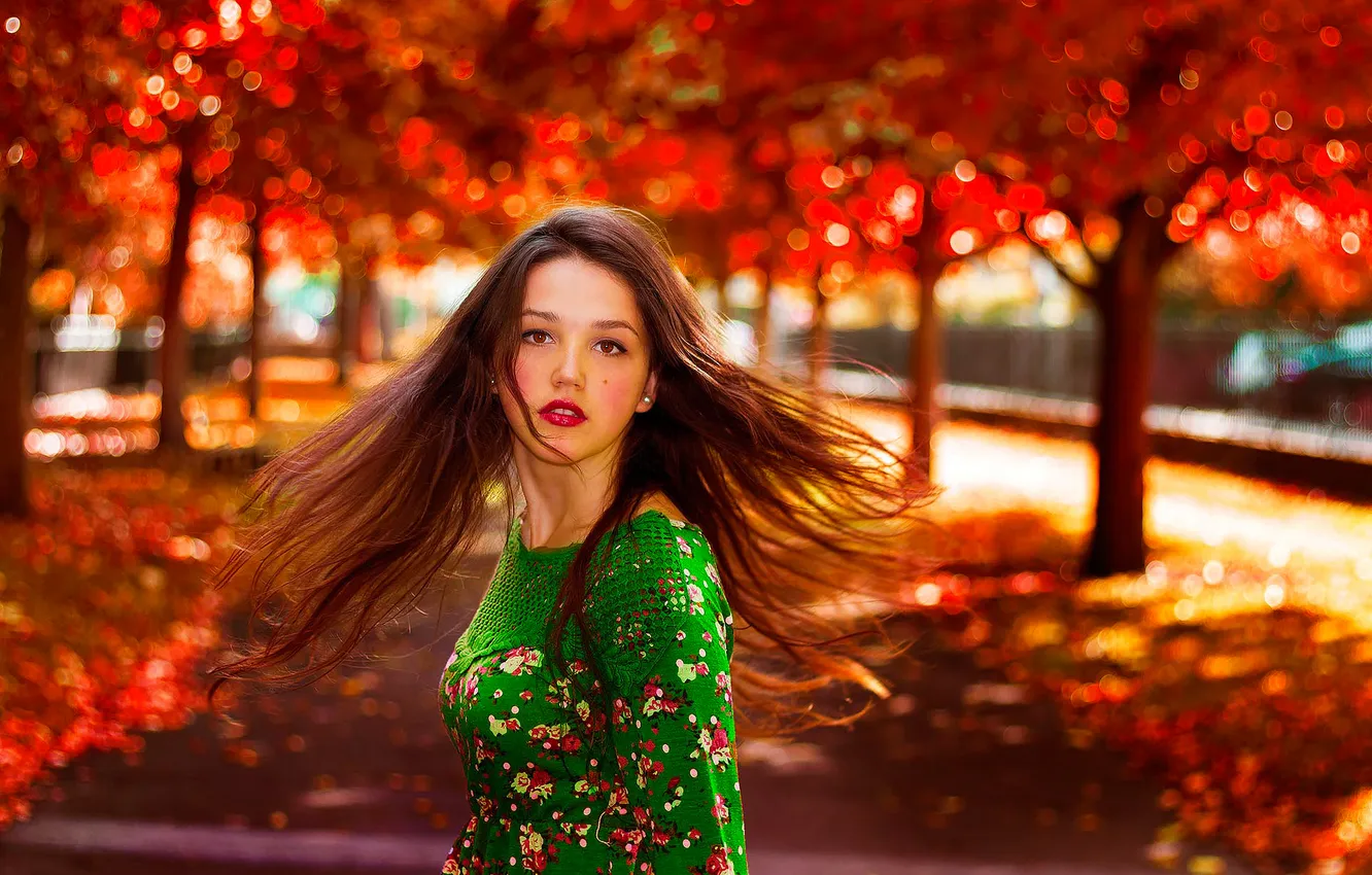 Photo wallpaper Girl, Red, Nature, Beautiful, Sun, Autumn, Lips, Hair