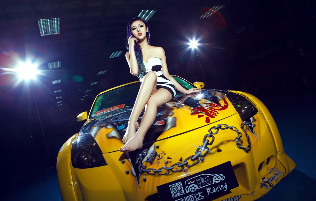 Photo wallpaper look, girl, Nissan, Asian, beautiful girl, yellow car, posing on the hood