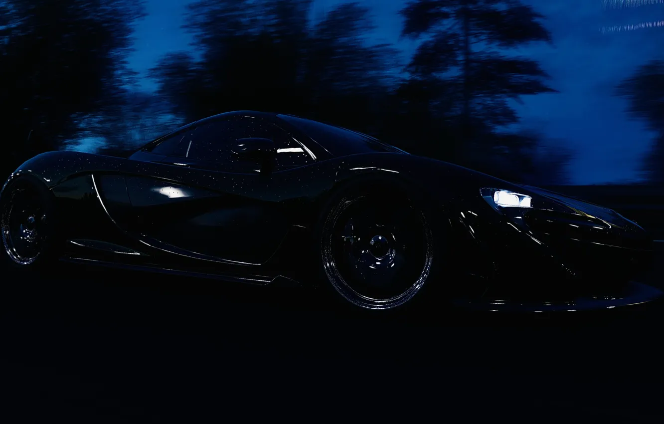 Photo wallpaper McLaren, HDR, game, trees, night, raindrops, McLaren P1, UHD