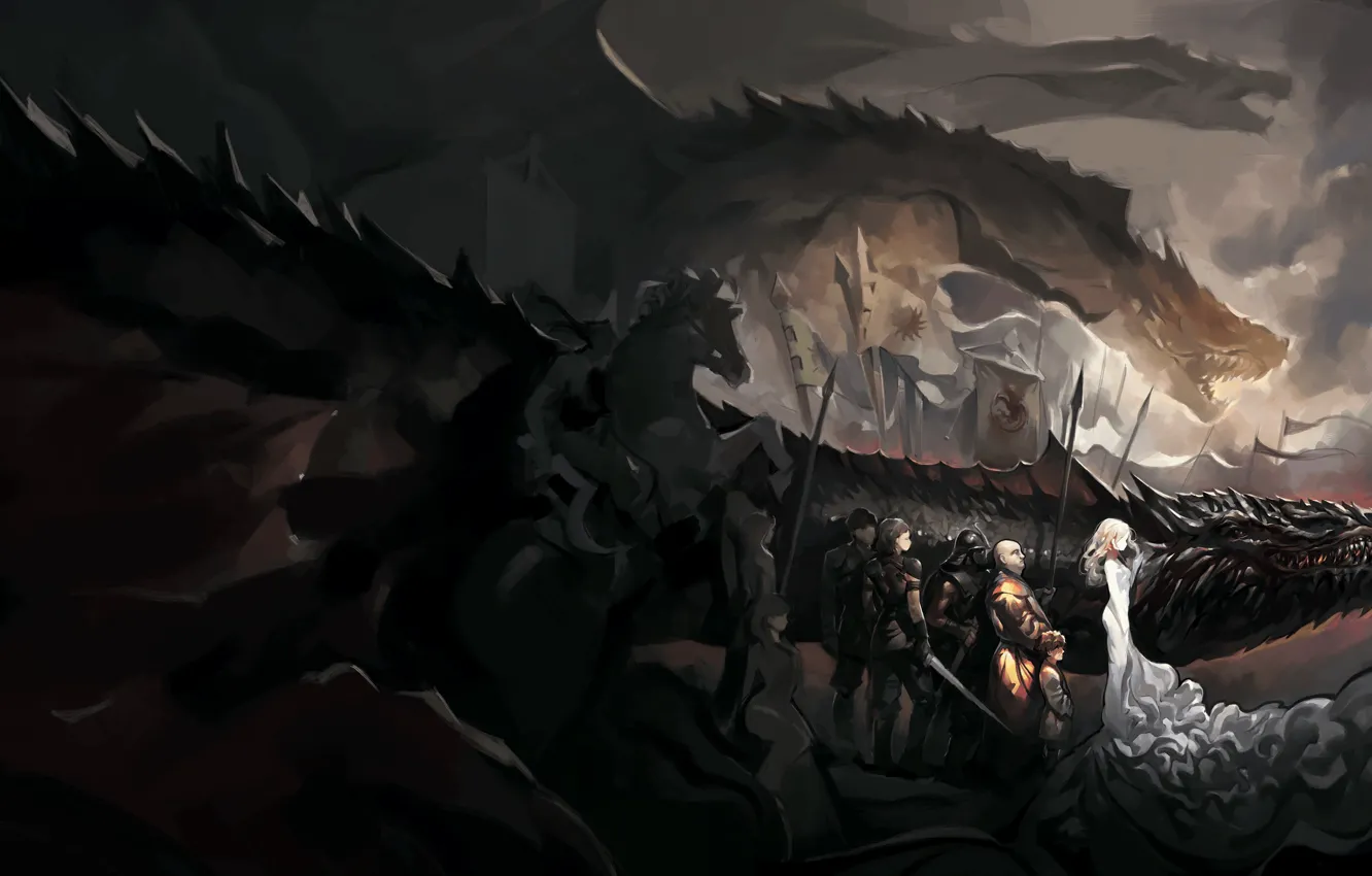 Photo wallpaper Game of Thrones, Daenerys Targaryen, dragons, Tyrion Lannister, arm, Varys