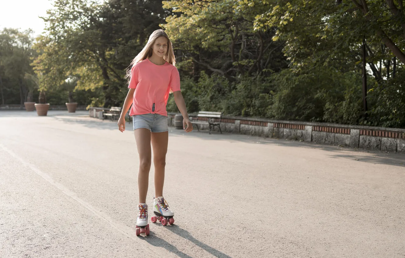 Photo wallpaper girl, shorts, woman, young, rollers