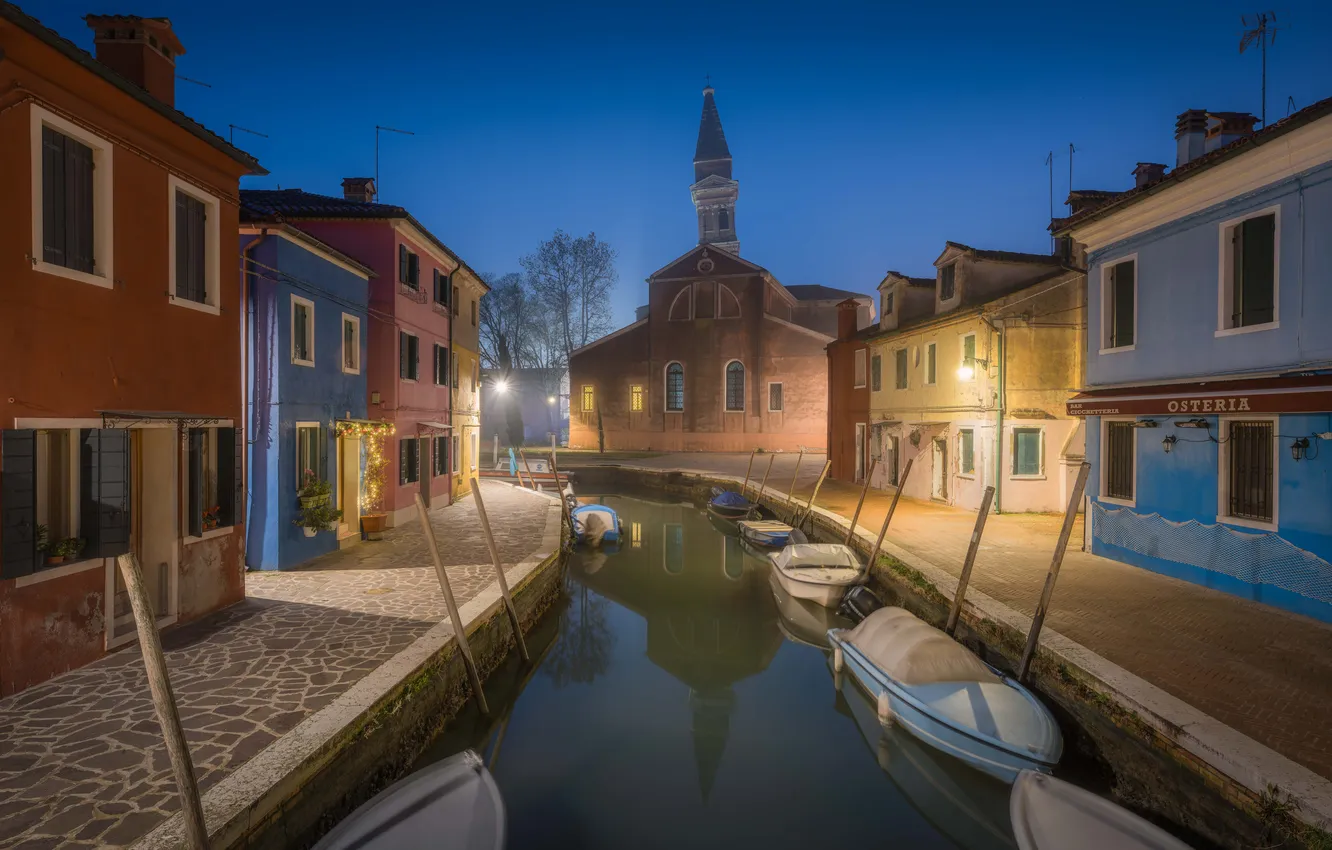 Photo wallpaper the sky, water, the city, reflection, blue, street, boat, building