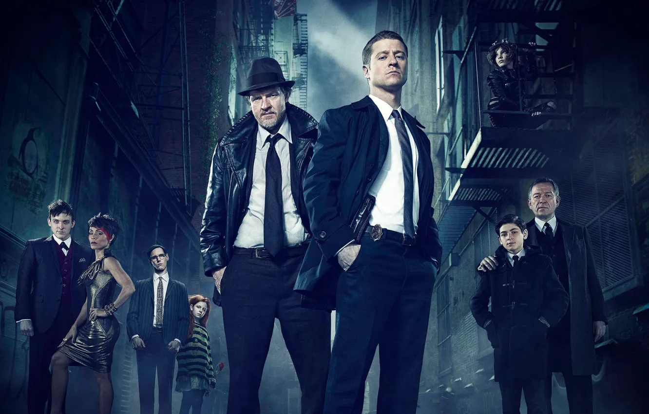 Photo wallpaper Action, TV Series, Crime, Drama, Gotham, Ben McKenzie as James Gordon, Donal Logue as Harvey …