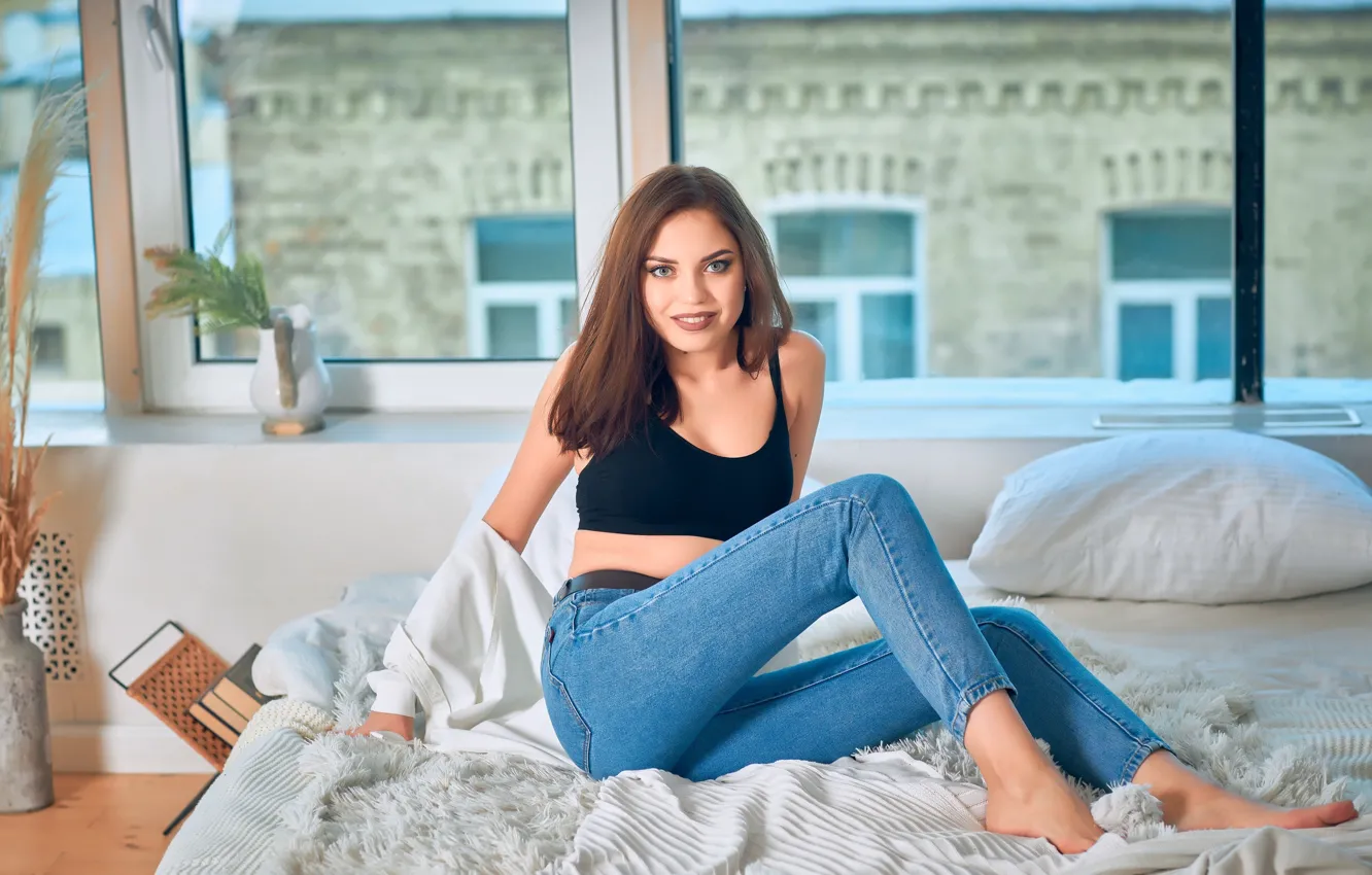 Photo wallpaper look, girl, pose, jeans, window, bed, topic, Grigory Pozdnyakov