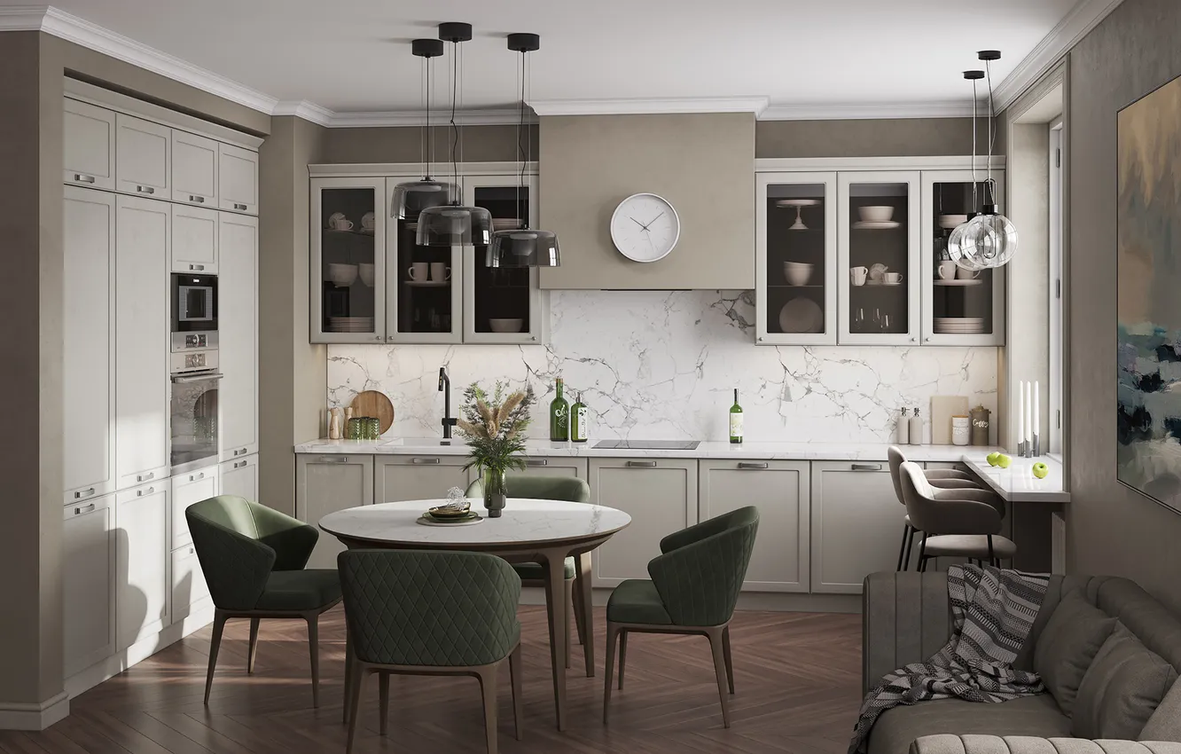 Photo wallpaper design, style, interior, kitchen, sofa, dining room