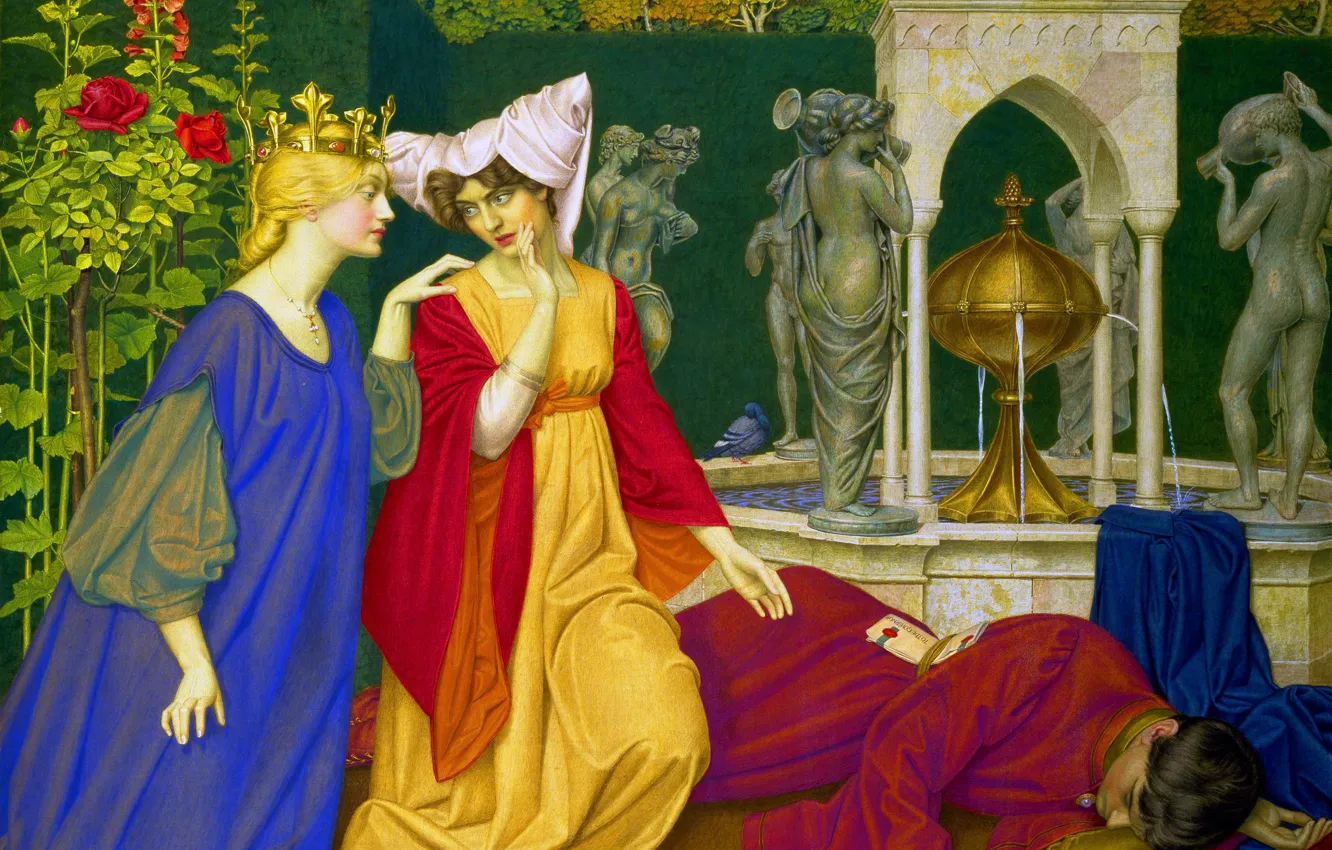 Photo wallpaper Girls, Picture, Fountain, Guy, Three, Sculpture, English artist, Joseph Edward Southall