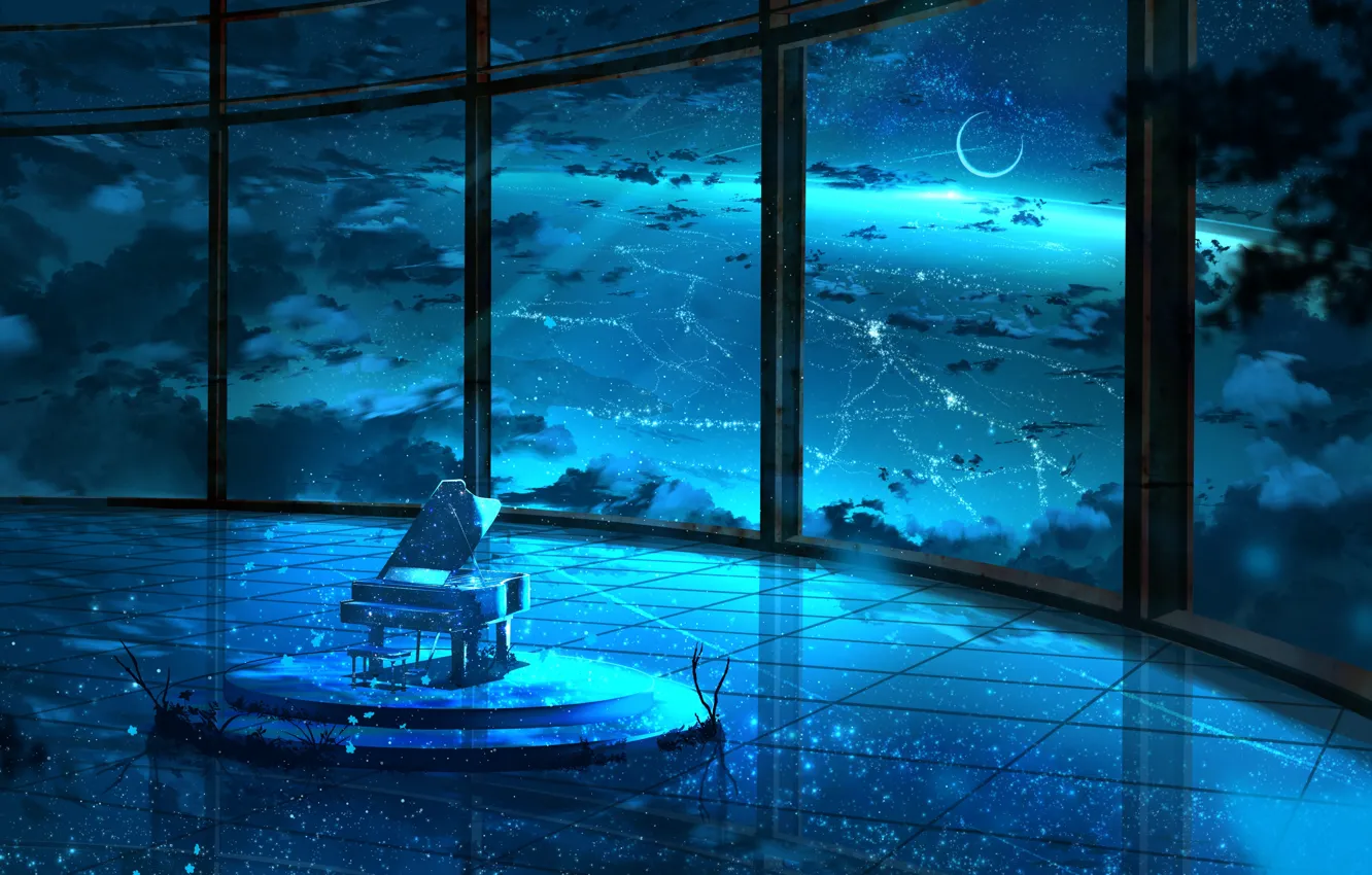 Photo wallpaper room, the moon, night, the sky, piano