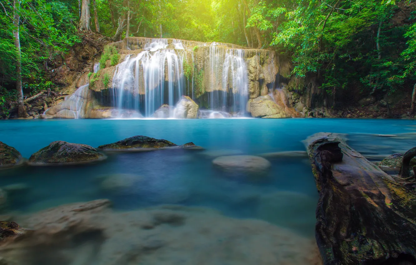 Photo wallpaper forest, landscape, river, rocks, waterfall, summer, forest, tropical