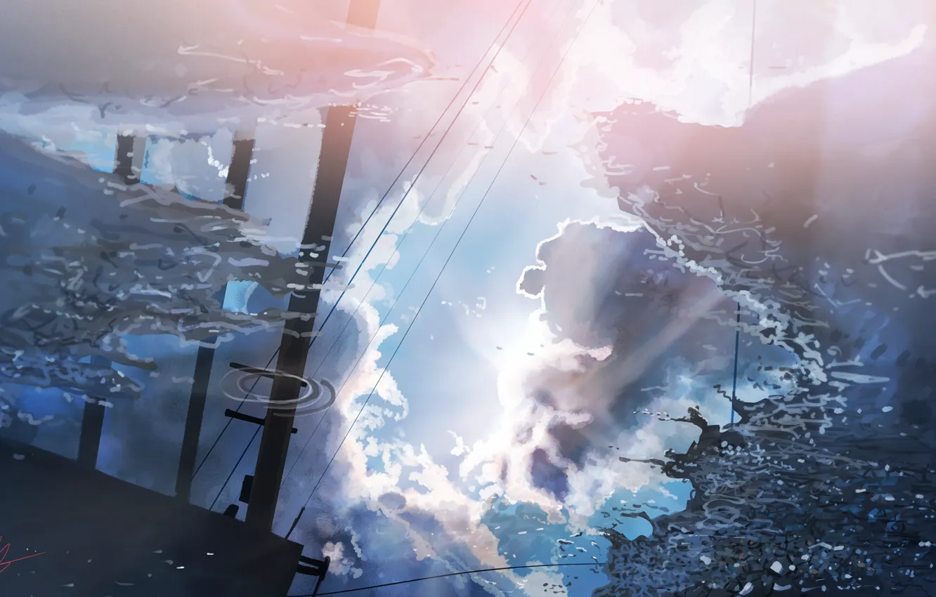 Photo wallpaper reflection, puddle, power lines