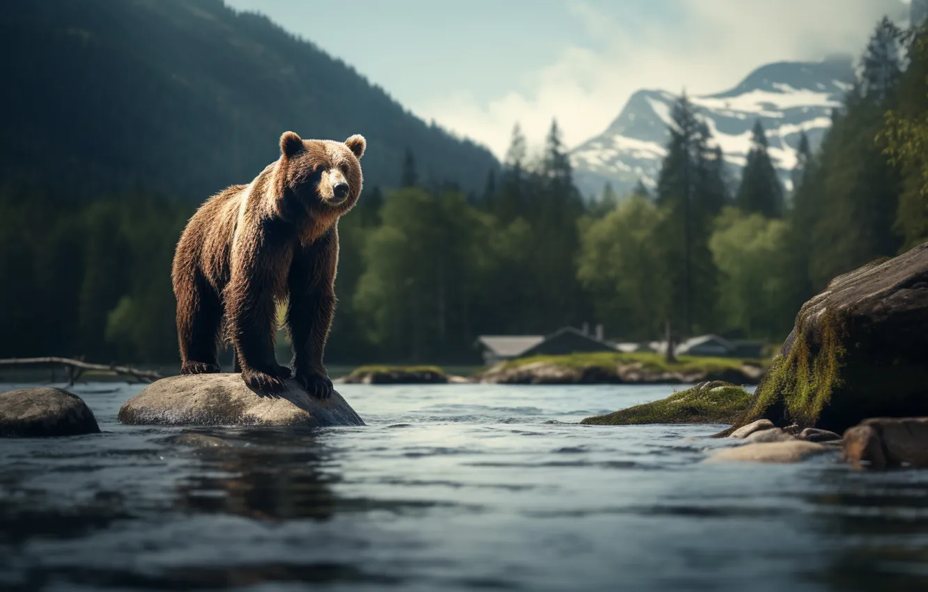 Photo wallpaper Mountains, Trees, River, Bear, Predator, Digital art, Brown bear, AI art