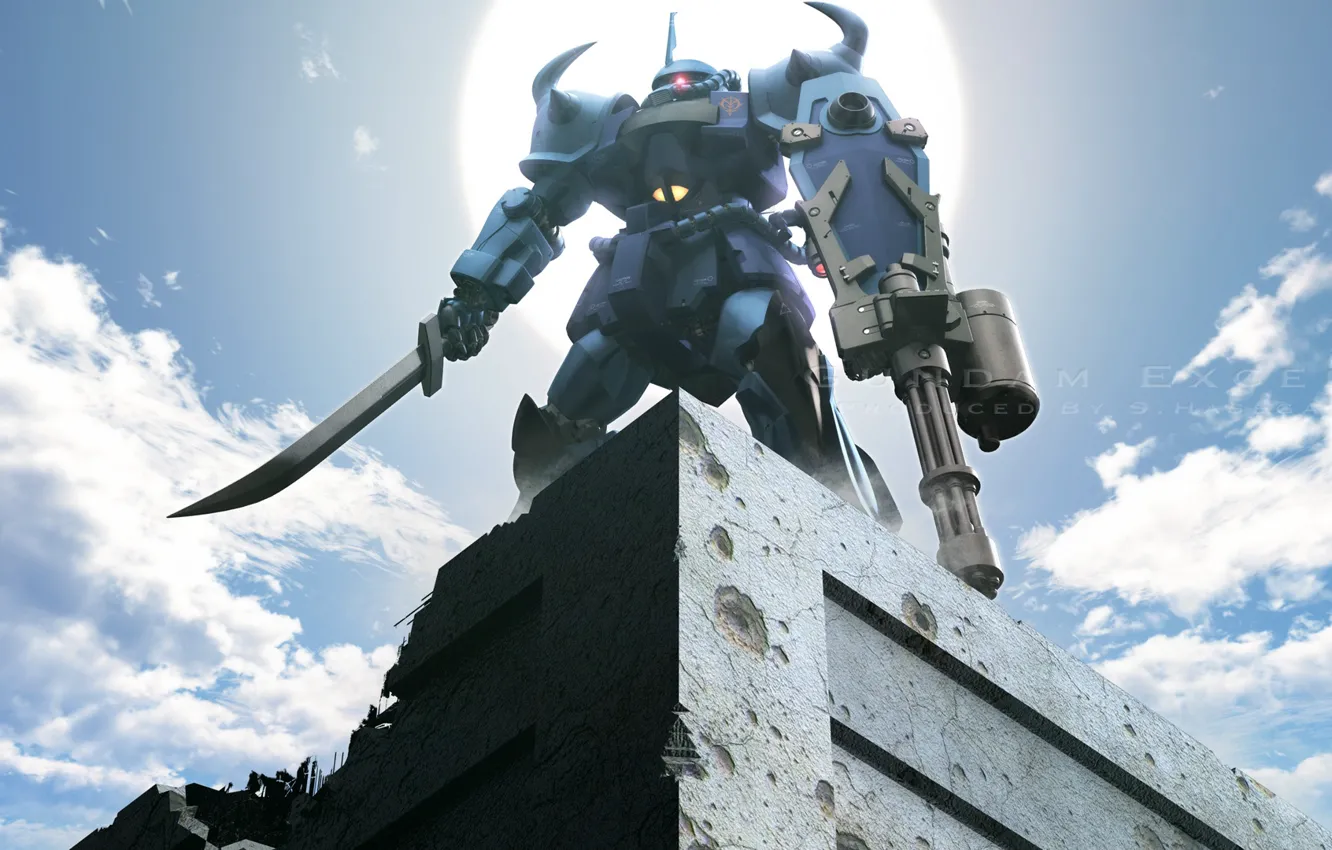 Photo wallpaper roof, the building, robot, sword, machine gun, Mobile Suit Gundam