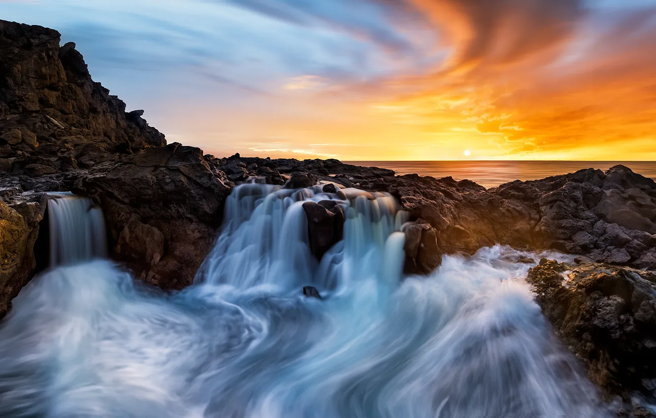 Photo wallpaper sea, the sky, the sun, clouds, sunset, stones, rocks, shore